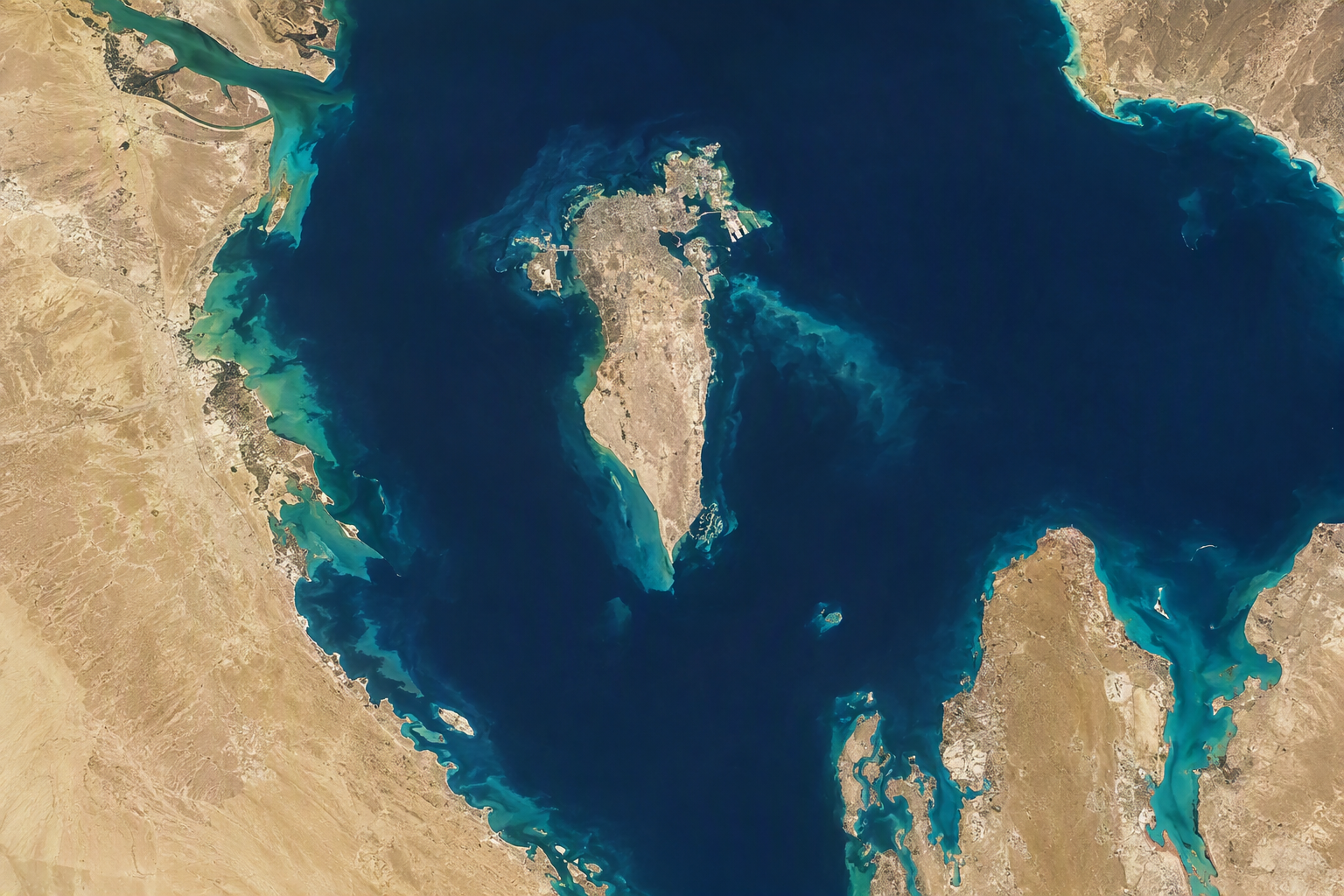 Satellite view of Bahrain and the surrounding Gulf coastline